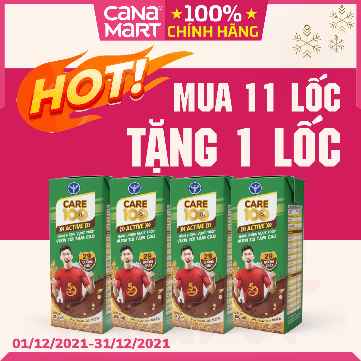 Thùng sữa nước ca cao lúa mạch Nutricare Care 100 Active giúp trẻ phát triển chiều cao (180ml)