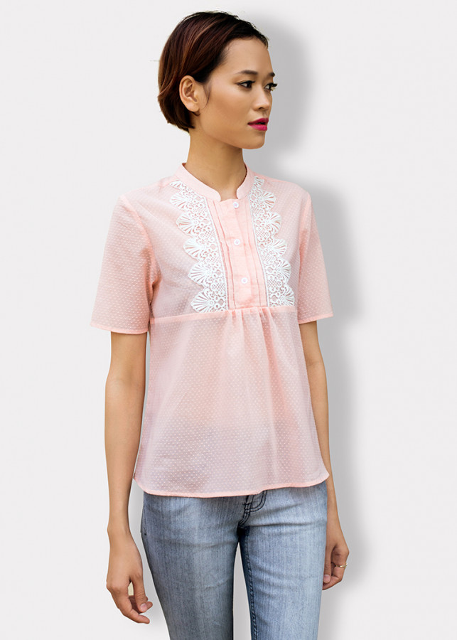 Áo sơmi cotton phối ren hanali