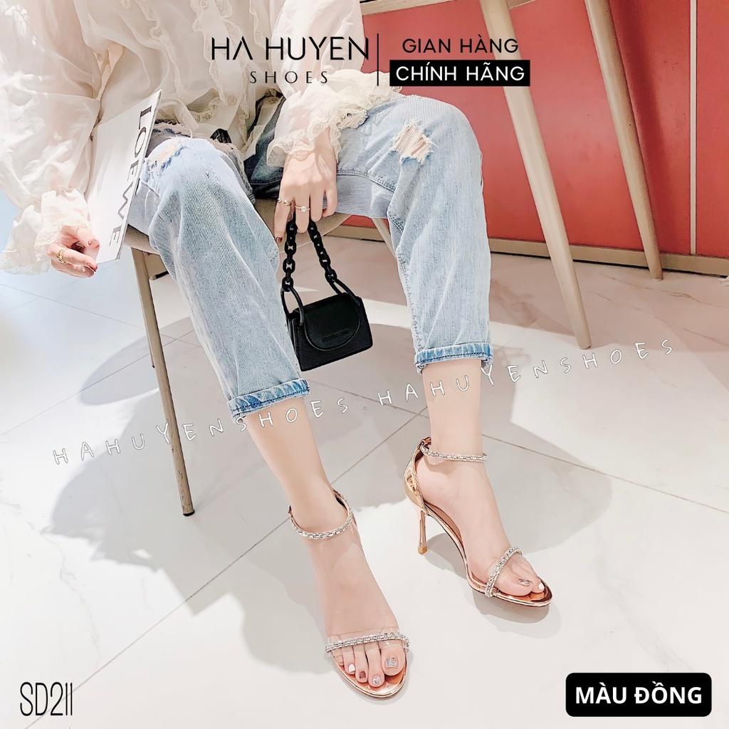 Sandal cao gót nữ Hà Huyền Shoes quai trong phối đá mảnh gót nhọn 8 phân - SD211