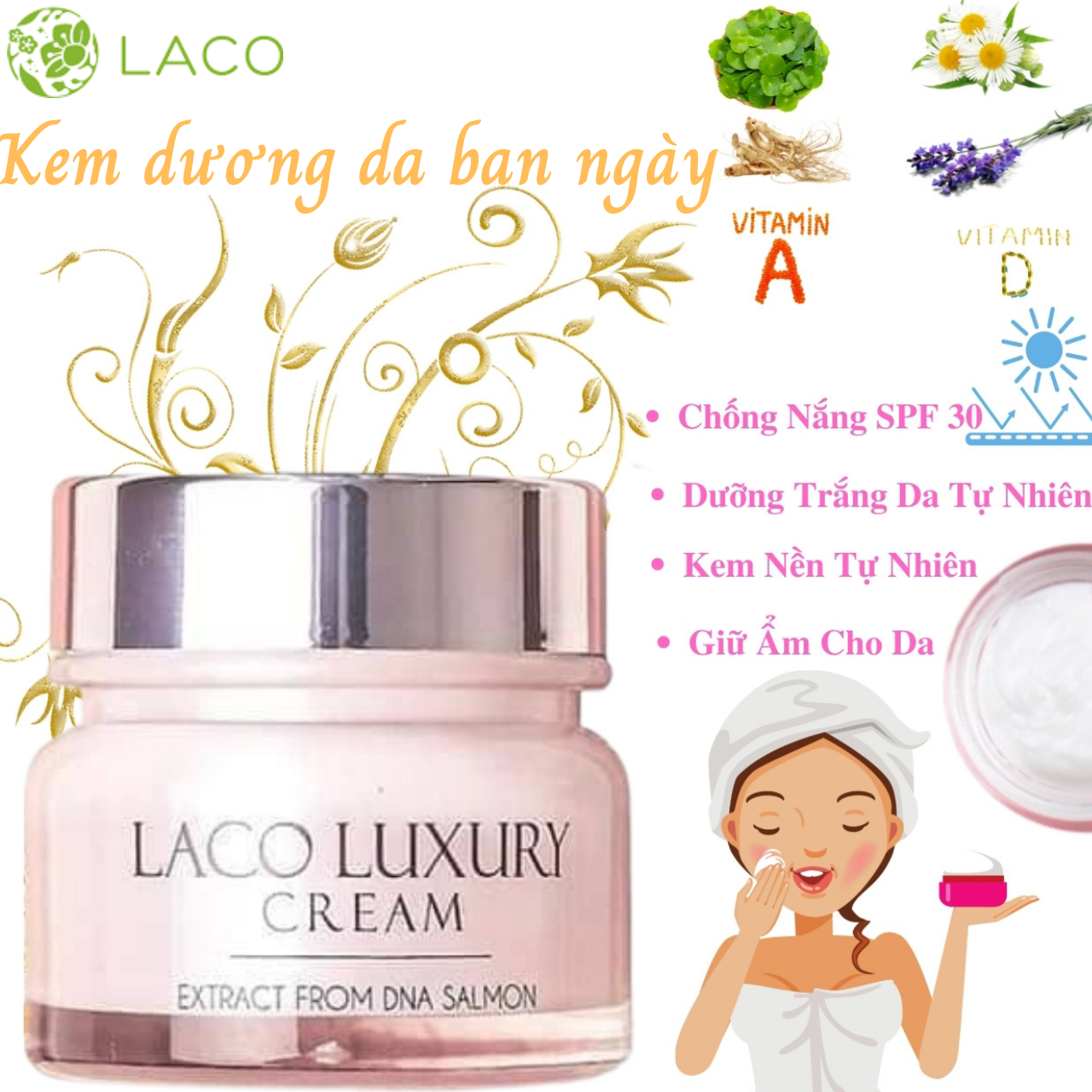 Kem Dưỡng Da 3 Trong 1 Laco Luxury Giữ Ẩm Chống Nắng SPF 30 Giúp Da Trắng Hồng Mềm Mại Làm Chậm Lão Hóa Da Trang Điểm Bật Tông Nhẹ Nhàng  Lọ 30gr