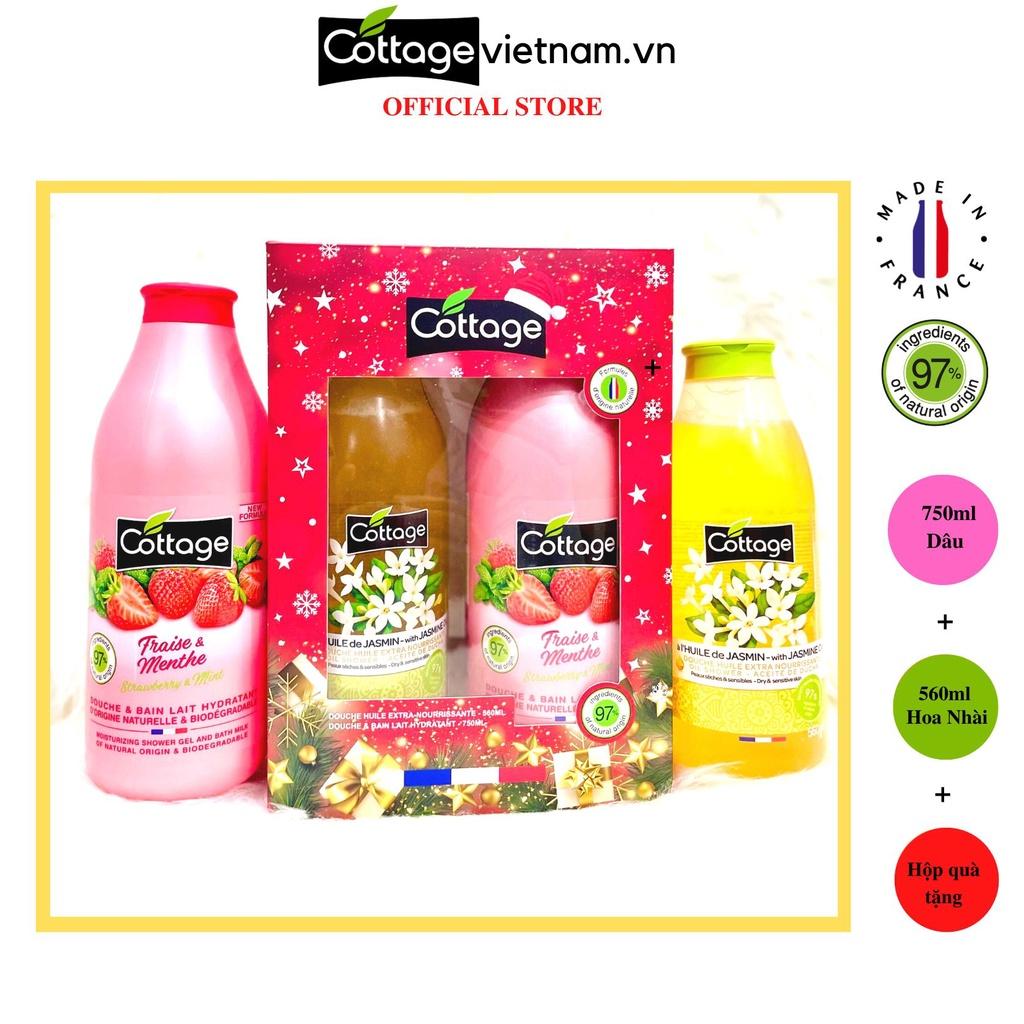 Combo Hộp Quà Tặng 2 Món sữa tắm Dưỡng ẩm Cottage 560ml Hoa Nhài và 750ml Hương Dâu Tây