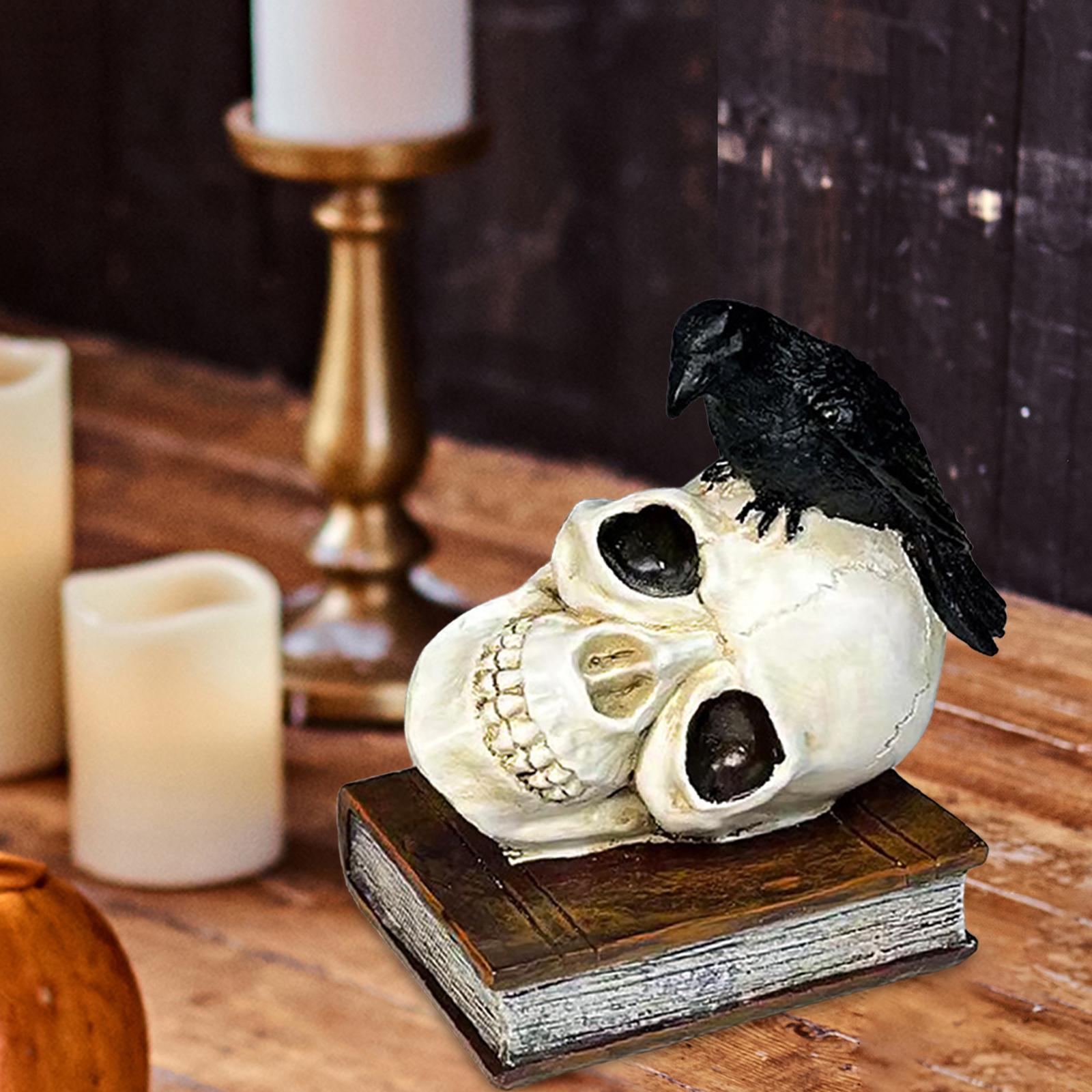 Perched Raven on Skull and Book Statue Ornament for Halloween Desktop Coffee
