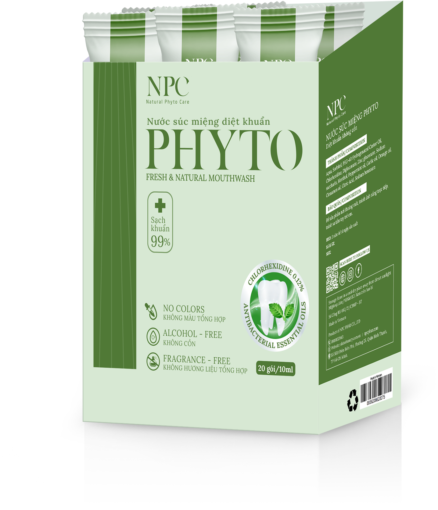 Nước súc miệng Phyto làm sạch khoang miệng 99.9%, tinh dầu thiên nhiên - Hộp 20 gói x 10ml/gói