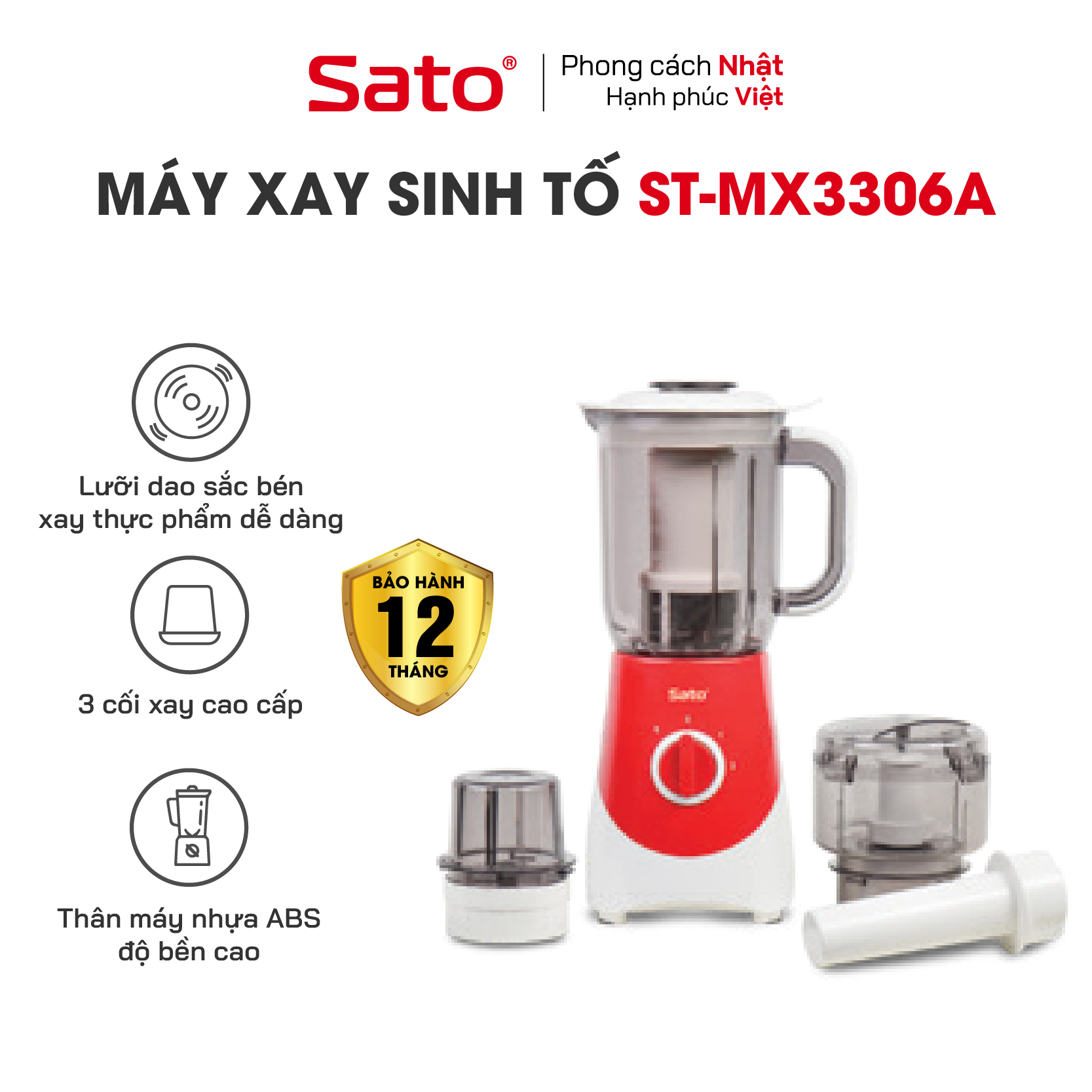 Máy xay sinh tố đa năng SATO MX3306A - Máy xay gồm 03 cối: Cối xay sinh tố, cối xay thịt &amp; cối nhỏ. Thân máy sử dụng nhựa ABS, độ bền cao, chịu lực tốt - Miễn phí vận chuyển toàn quốc - Hàng chính hãng