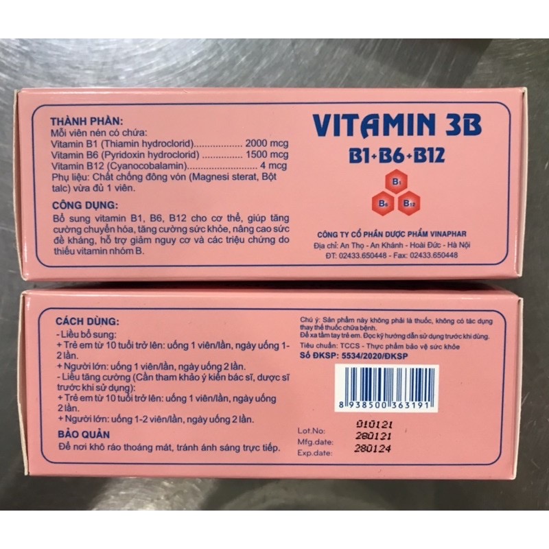 ￼VITAMIN 3B  - B1,B6,B12- Hộp 100 viên nén  Vinaphar -Hỗ trợ cải thiện tình trạng thiếu hụt vitamin nhóm B