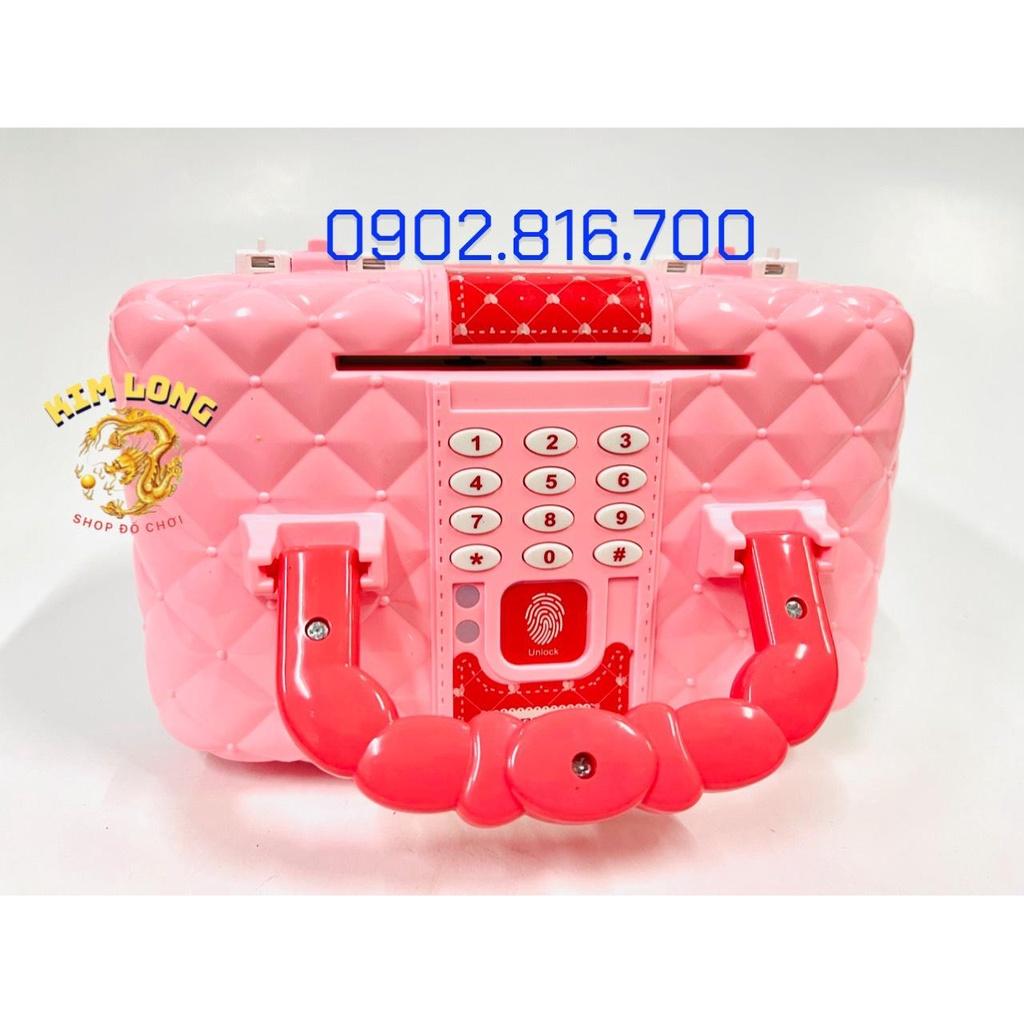 Đồ chơi két sắt vân tay mini thông minh tiết kiệm tiền hình cốp vali trang điểm màu hồng quà tặng cho bé gái