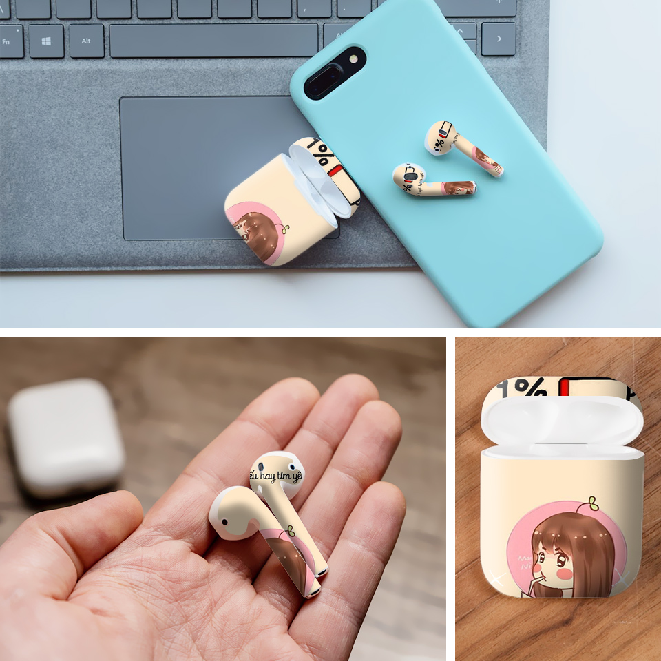 Miếng dán skin cho tai nghe AirPods in hình pin yếu hay tim yếu - fun032 (bản không dây 1 và 2)