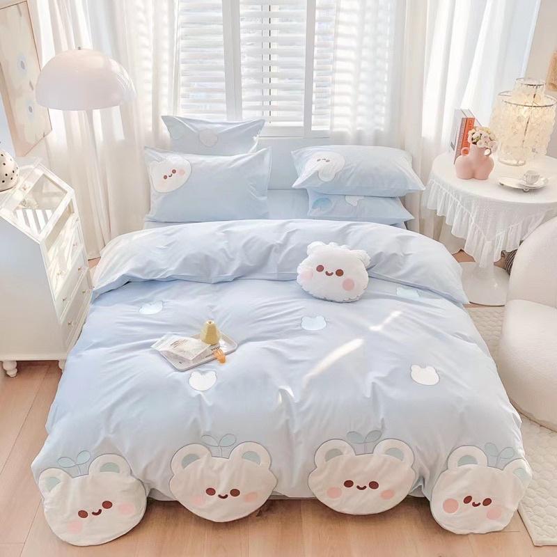 Bộ Chăn Ga Gối Cotton Linen Disney Hàng Nhập Khẩu Cao Cấp 5Món Mẫu Thỏ Xanh