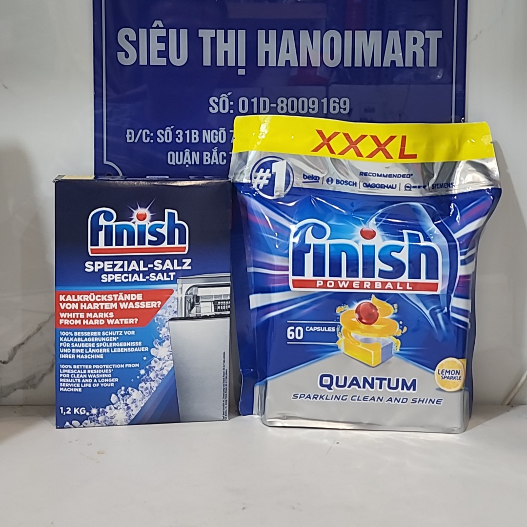 Combo hộp viên rửa chén ly finish 60 viên và hộp muối làm mềm nước 1,2kg hàng nhập đức