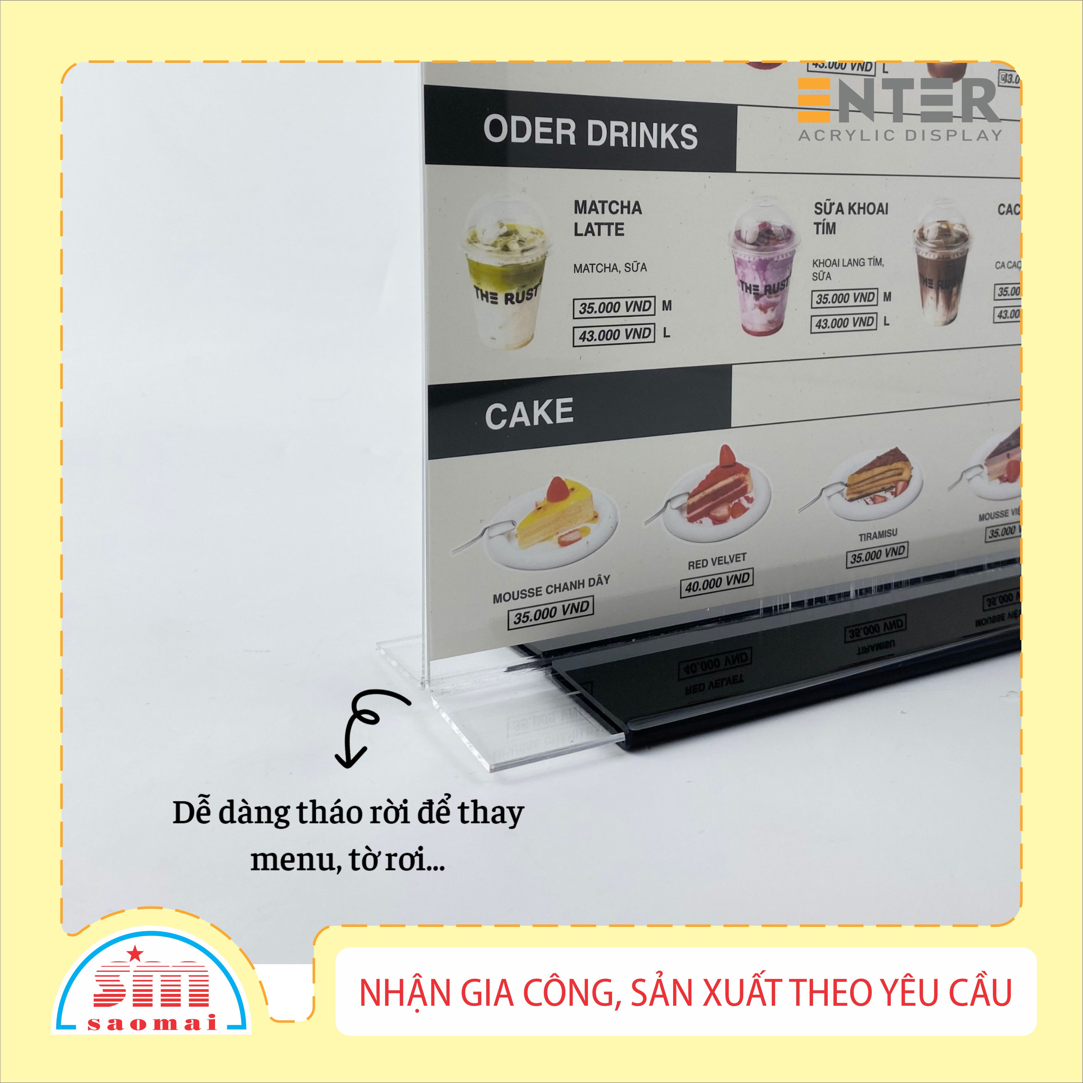 Kệ menu nhà hàng, Standee mica để bàn, Bảng quét mã QR Code, Kệ mica 2 mặt Enter E10-U 100x150mm đế lùa uốn bằng
