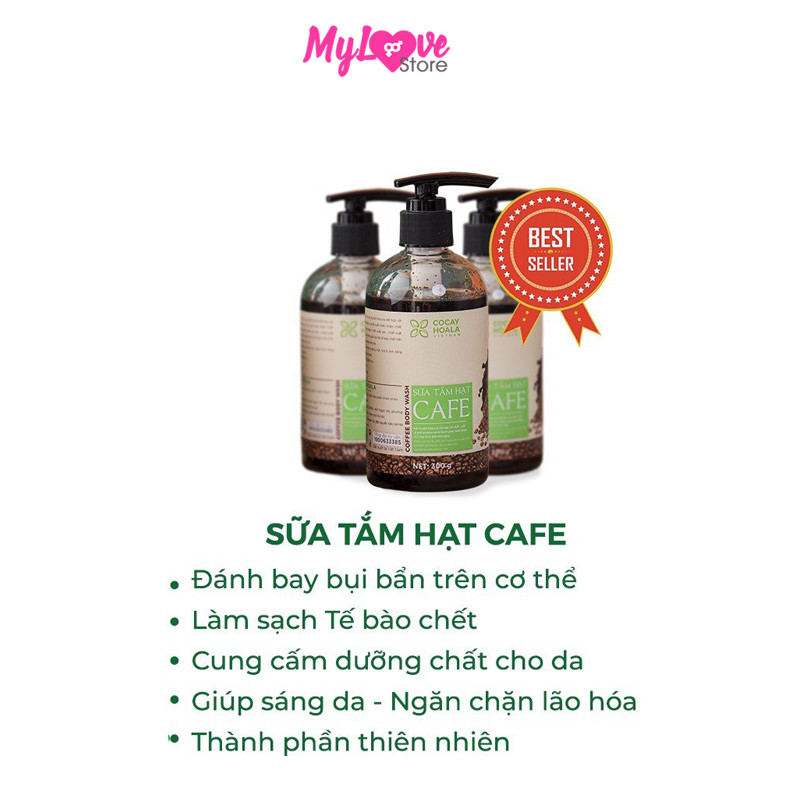 Sữa Tắm Hạt Cafe Khử Mùi Cơ Thể Cocayhoala Sáng Mịn Da - Dưỡng Ẩm - Tẩy Tế Bào Chết - Thư Giãn, Chai 300ml 