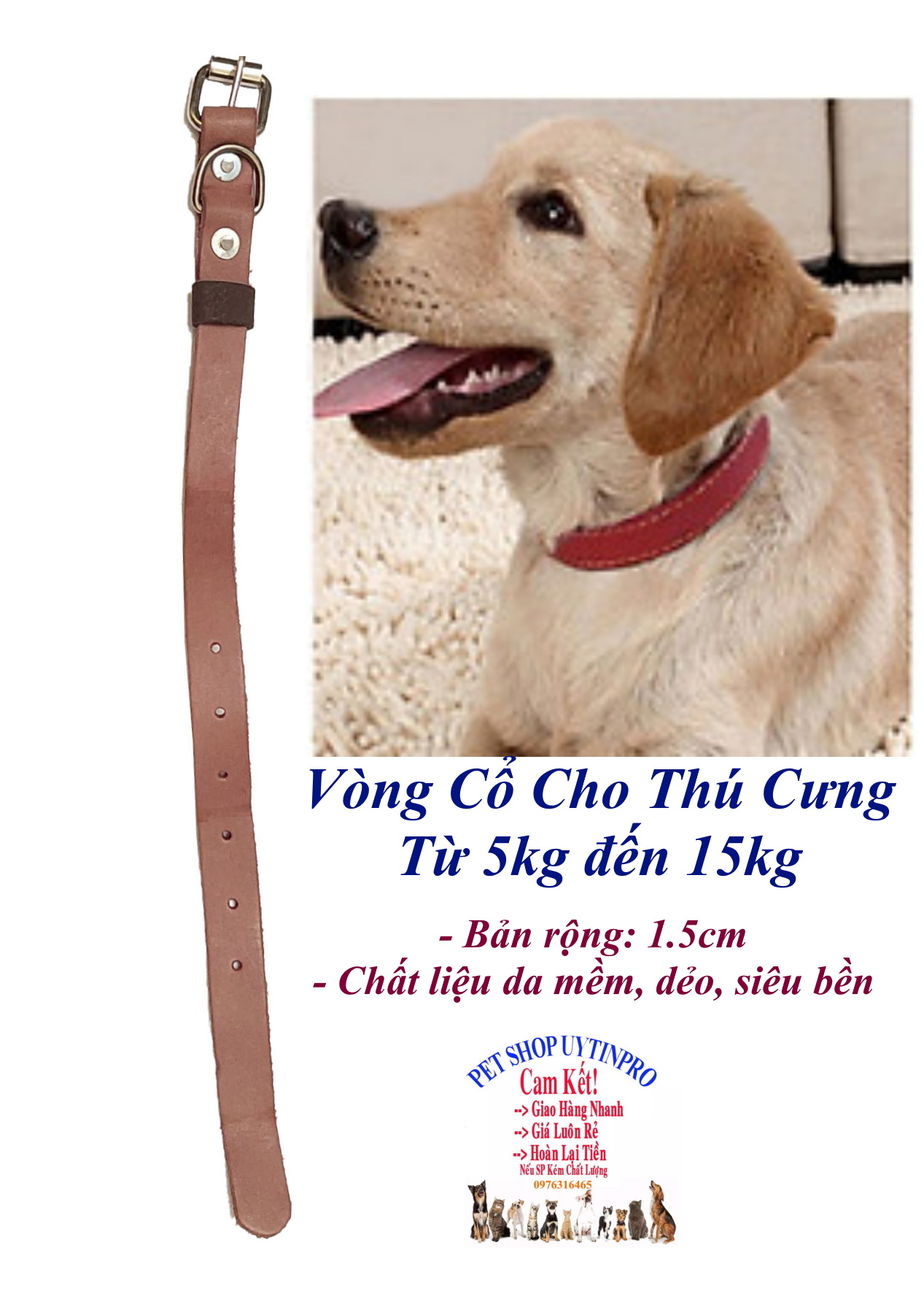 Vòng cổ da cho Chó Mèo từ 5kg đến 15kg Bản rộng 1.5cm Chất liệu da mềm dẻo, bền đẹp, Chắc chắn, An toàn cho Thú cưng