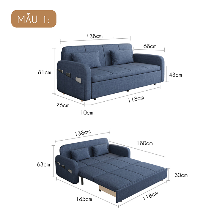 Ghế sofa giường thông minh,Giường Sofa đa năng, giường sofa thông minh gấp gọn -Tặng kèm 2 gối (kích thước Rộng 1,38m- x Dài 1,9m)