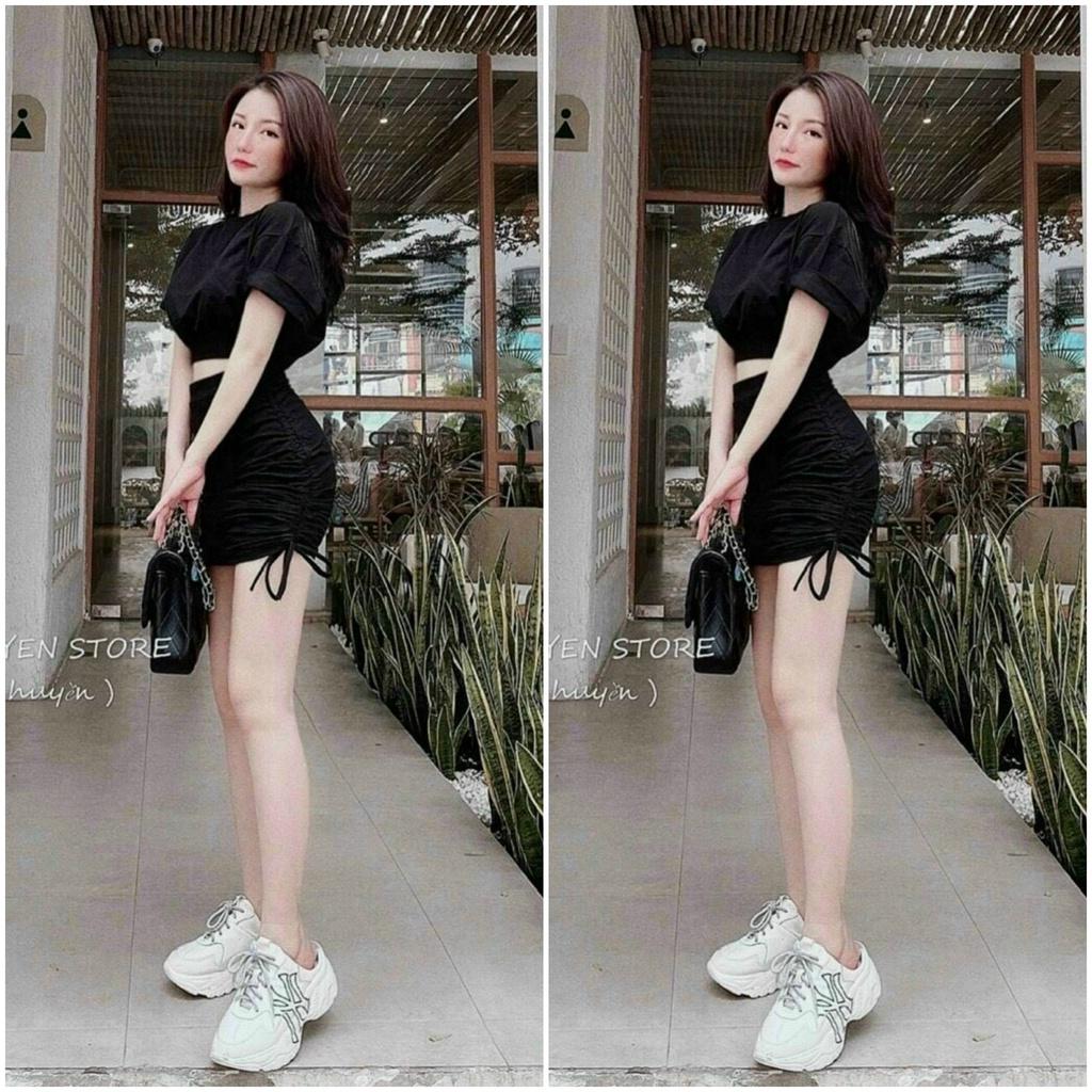 Sét bộ cotton áo cổ tròn croptop kèm chân váy rút dây y hình