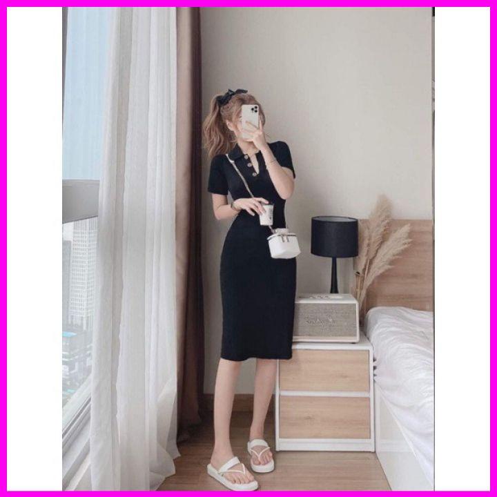FREE SHIP Váy polo cổ trụ dáng dài chất liệu len tăm body SUÔNG phong cách TRẺ TRUNG có 3 màu KIM GIA DS