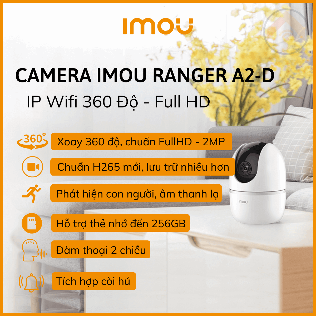 Hàng chính hãng Camera IMOU Ranger A22 Kèm thẻ nhớ 64GB 2MP (FullHD 1080P) Wifi H265 Xoay 360độ