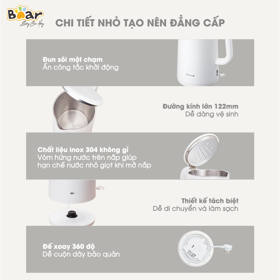 [Hàng Chính Hãng]Bình đun nước siêu tốc Bear ZDH-B15T1 1.5L công suất 1500W, lõi ấm Inox 304 cao cấp, chống cháy cạn, chống cháy khi quá nhiệt, ngắt điện tự động khi sôi, phù hợp sử dụng trong gia đình, văn phòng nhỏ
