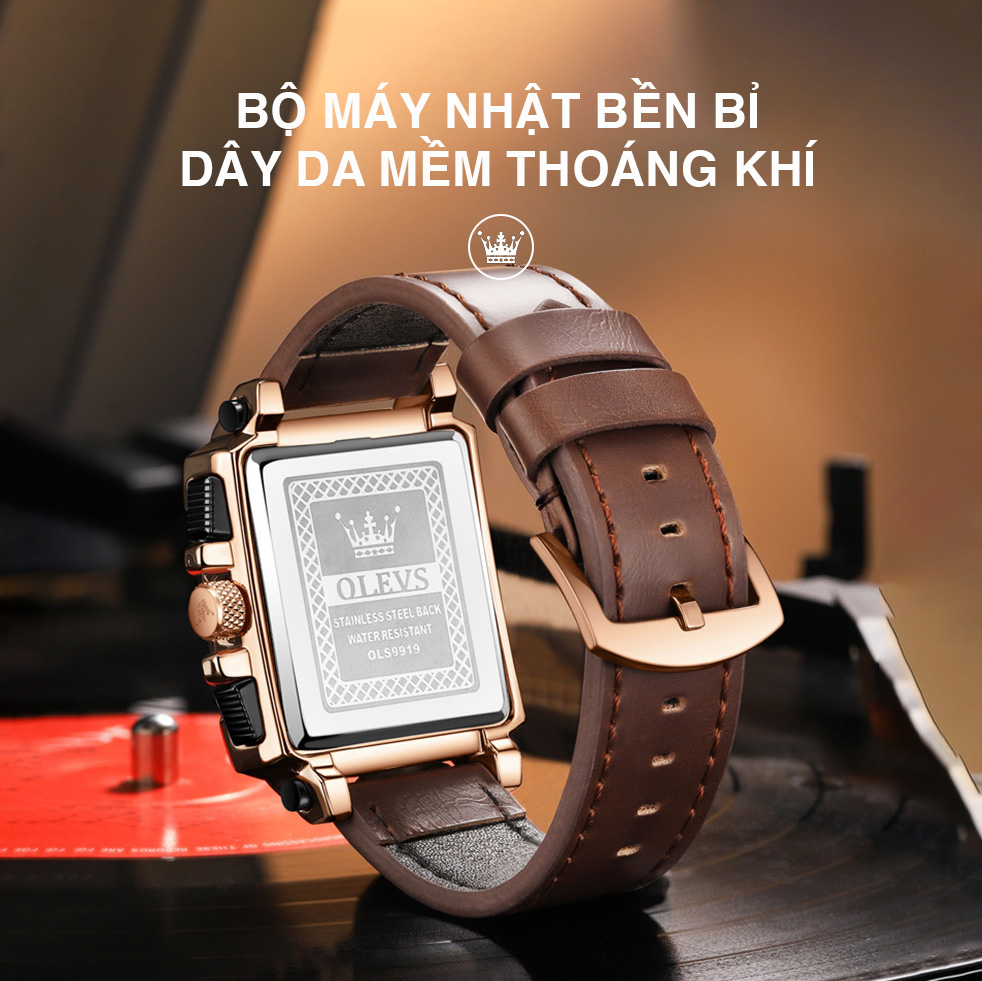 Đồng Hồ Nam OLEVS-9919 Mặt Vuông Cá Tính Mạ Vàng 18K Phong Cách Chronograph Chạy Đủ 6 Kim Có Ô Lịch Ngày, Dây Da Mềm, Rửa Tay Đi Mưa Bơi Lội