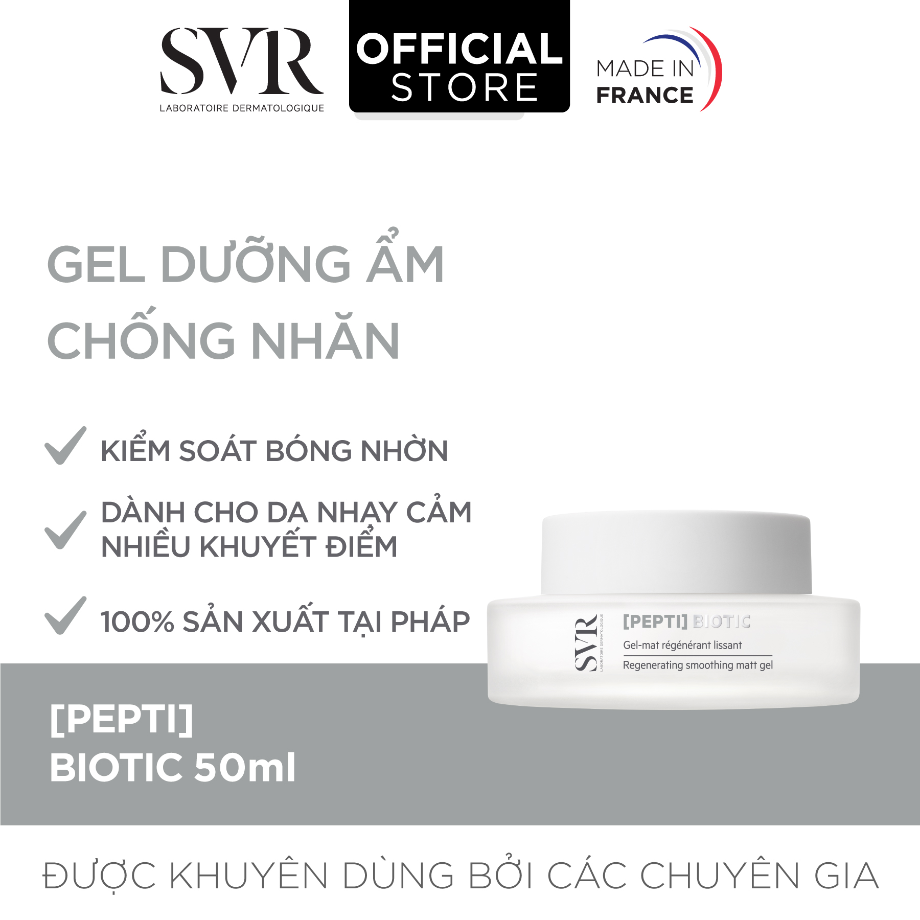 Gel dưỡng da giúp làm se khít lỗ chân lông, chống nhăn,làm da mềm mịn và giúp làm đều màu da SVR [PEPTI] BIOTIC 50ml