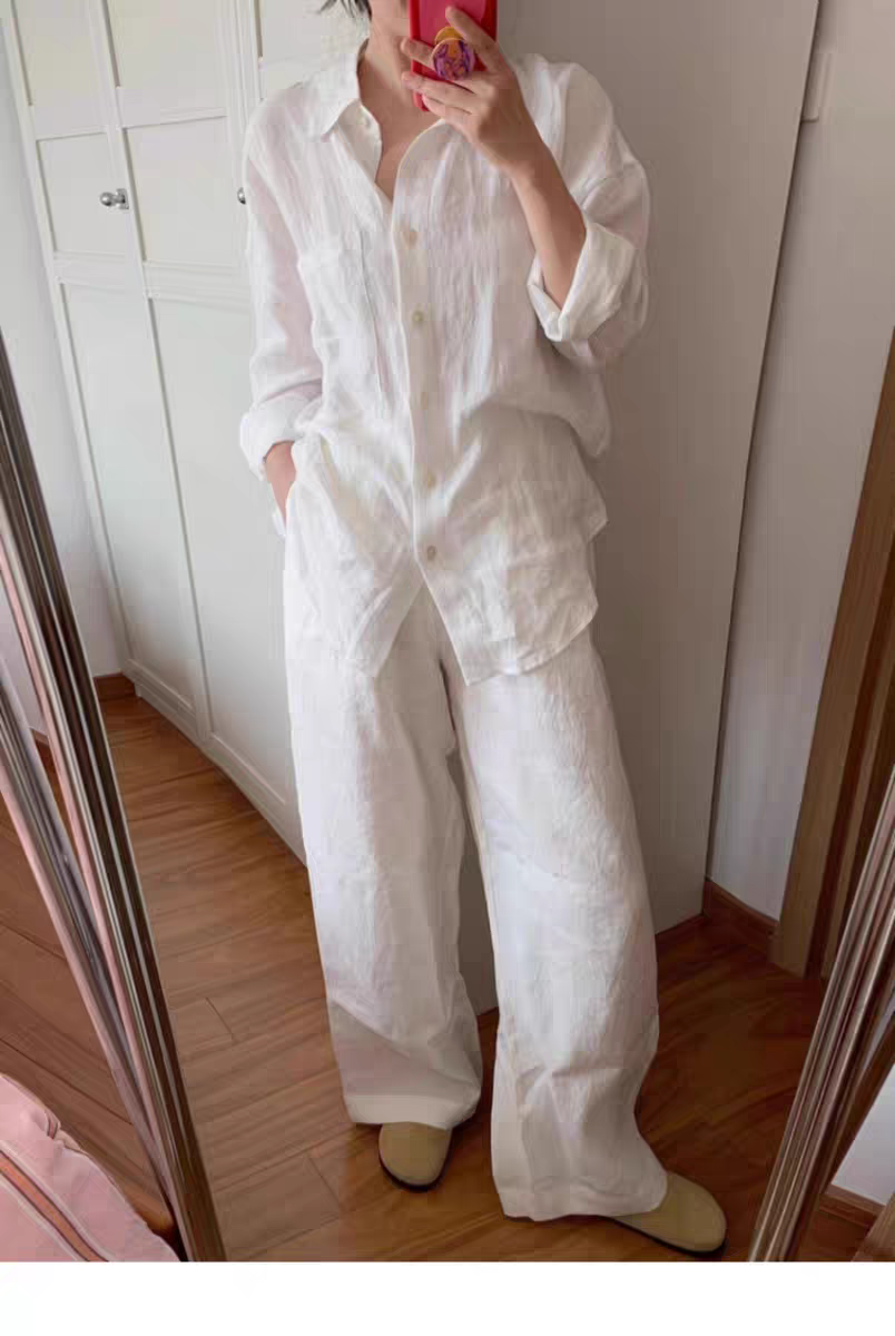 Set bộ sơ mi dài tay kèm quần dài ống rộng thời trang, đa năng, năng động, trẻ trung