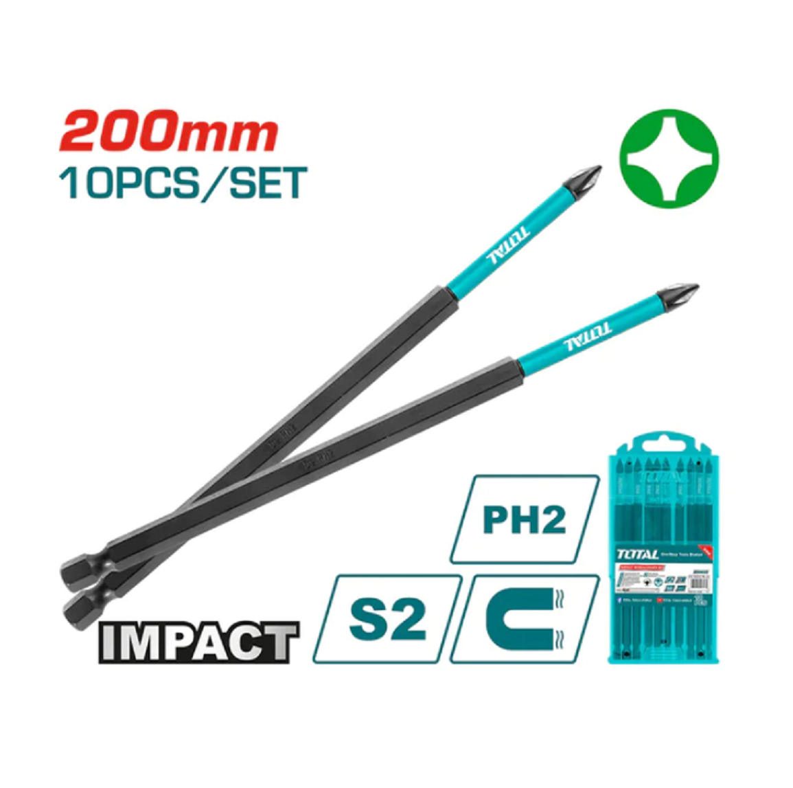 BỘ 10 MŨI BẮT VÍT PH2 X200MM TOTAL TACIM16PH285 - HÀNG CHÍNH HÃNG