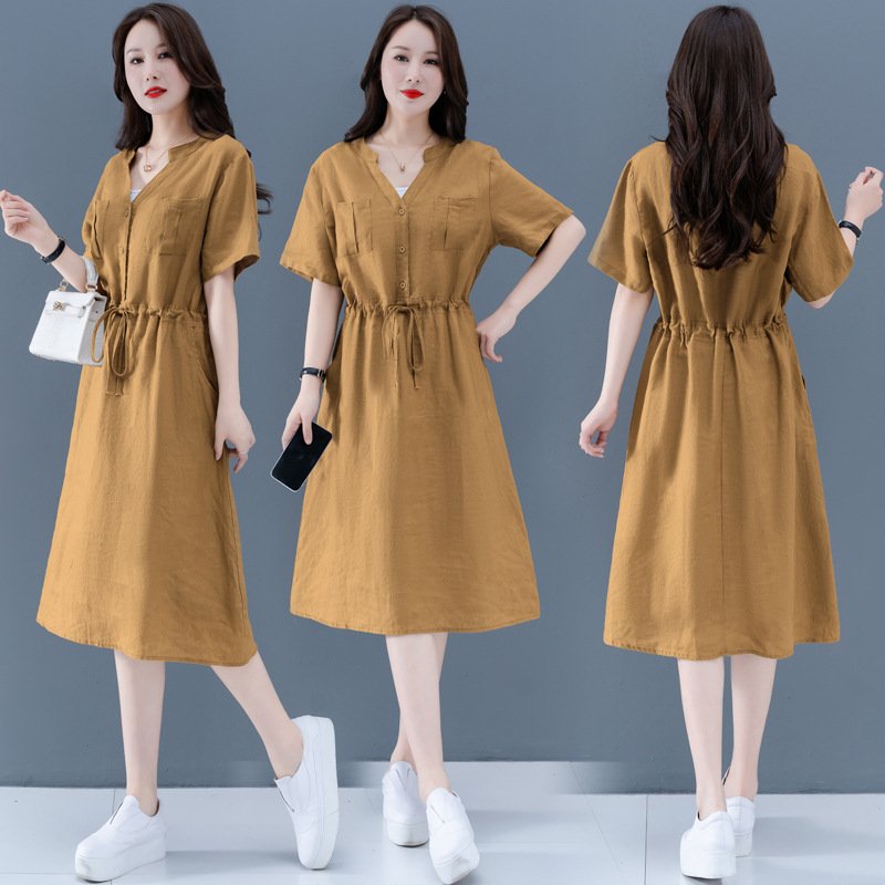 Đầm suông linen cổ V phong cách công sở, thiết kế 2 túi trước thời trang, lên form chuẩn CS72