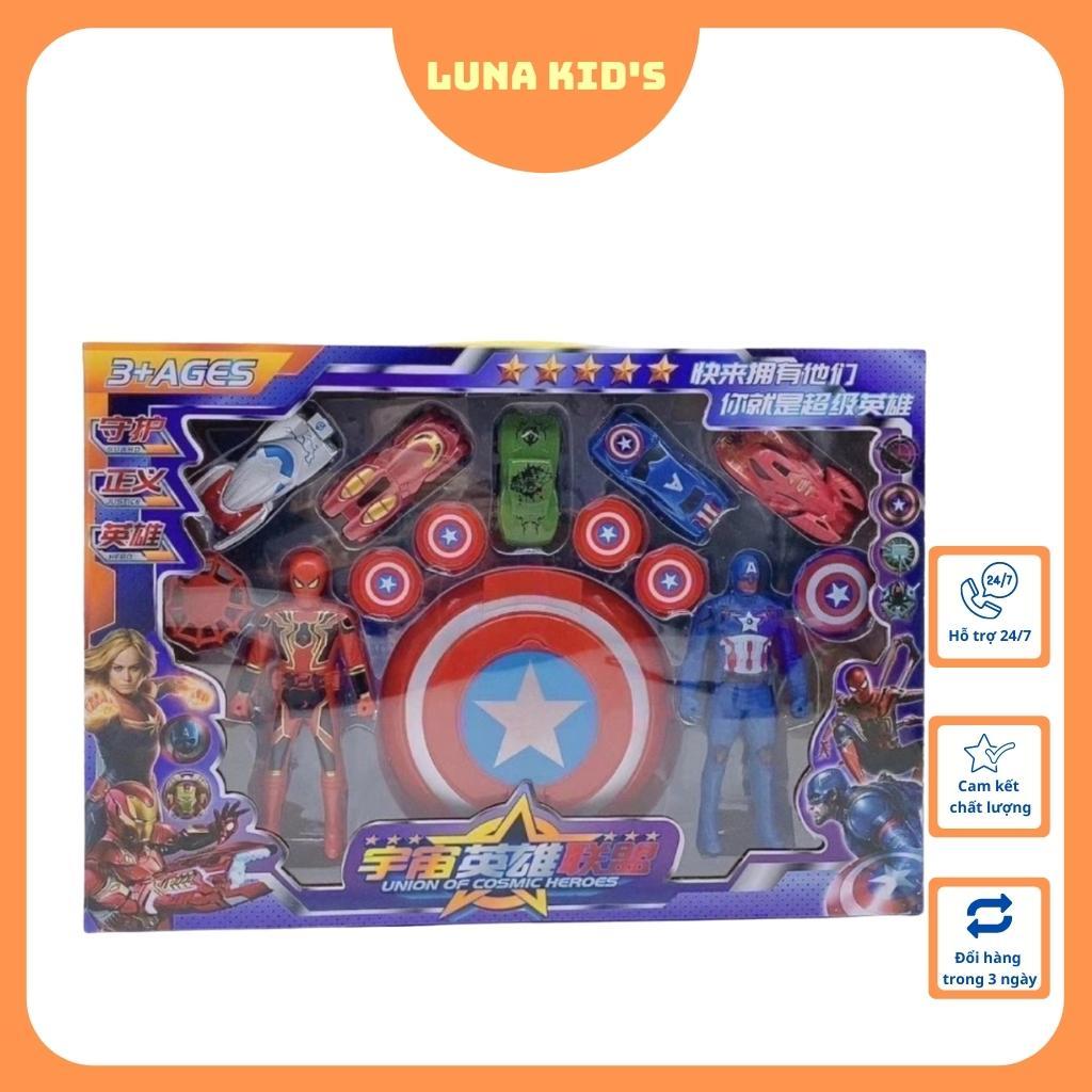 Mô Hình Siêu Nhân Bộ Đồ Chơi Người Nhện Và Captain American Có Khiên Và 5 Ô Tô Bánh Đà Luna Kid's