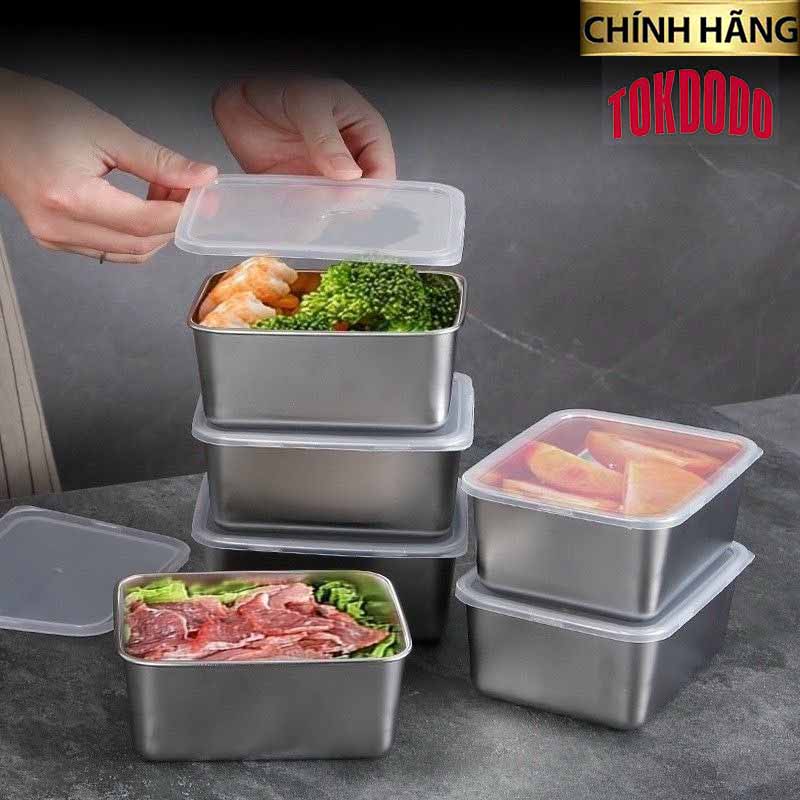 Hộp Đựng Thực Phẩm Tủ Lạnh, Đồ Ăn Bằng Inox 304 Có Nắp Nhựa Kèm Theo Tiện Lợi (135x105x58 mm) Và Loại To ( 250x200x60 mm)