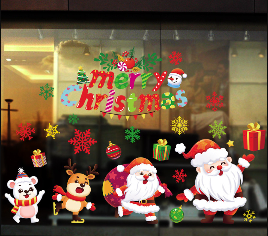 Decal trang tri Noel hít tĩnh điện - 2 ông già noel và 2 người bạn