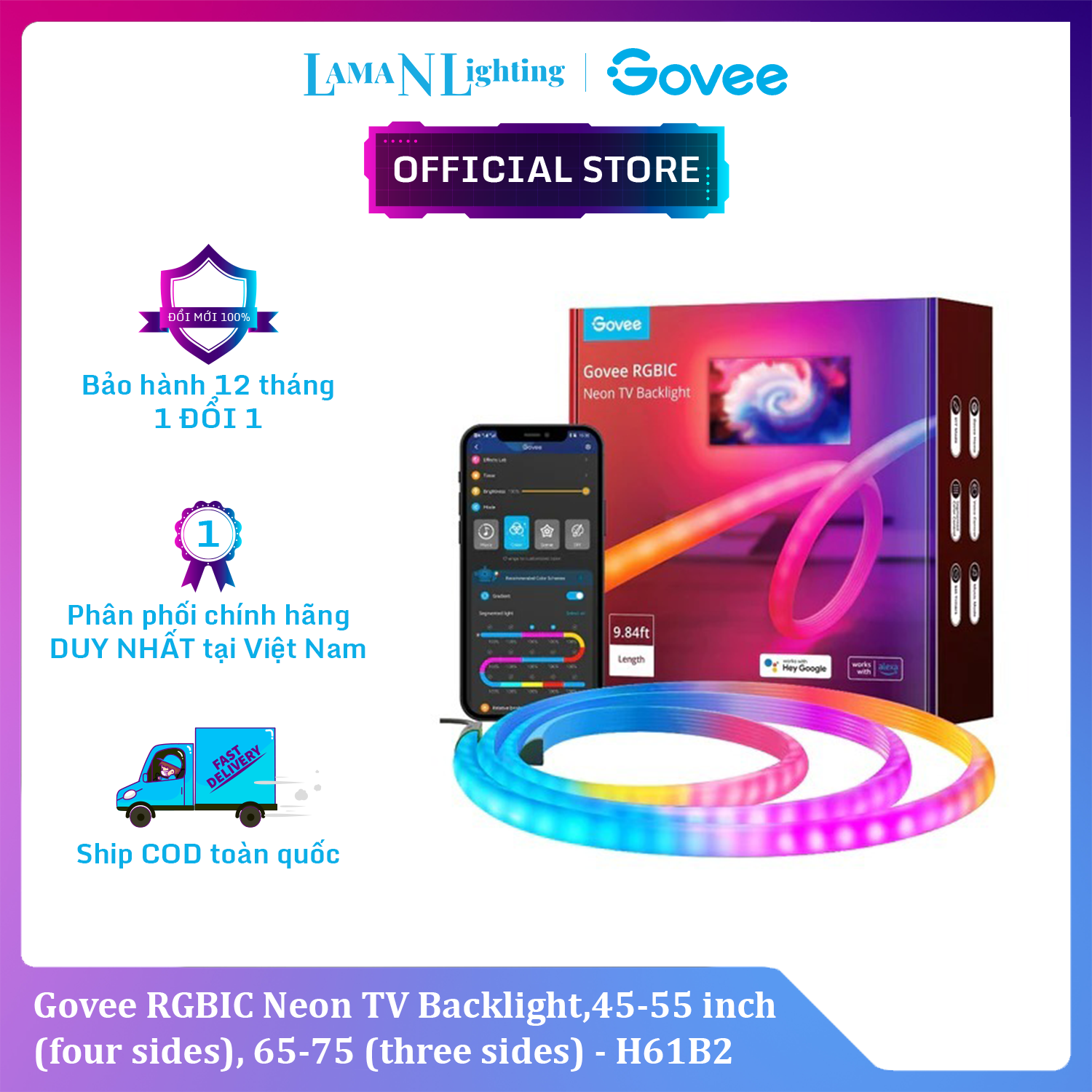 Dây đèn LED RGB Govee RGBIC Neon TV Backlight H61B2 | Công nghệ ánh sáng RGBIC 16 triệu màu | Đèn nền hiện đại cho TV