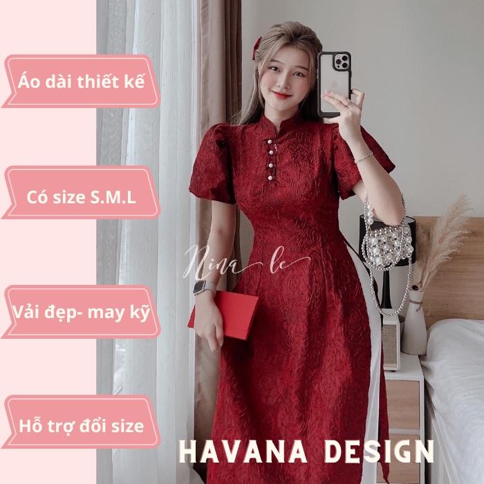 Áo dài đỏ, set áo dài cách tân nữ đẹp, hàng thiết kế có size, chất gấm xốp tay phồng phối quần trắng