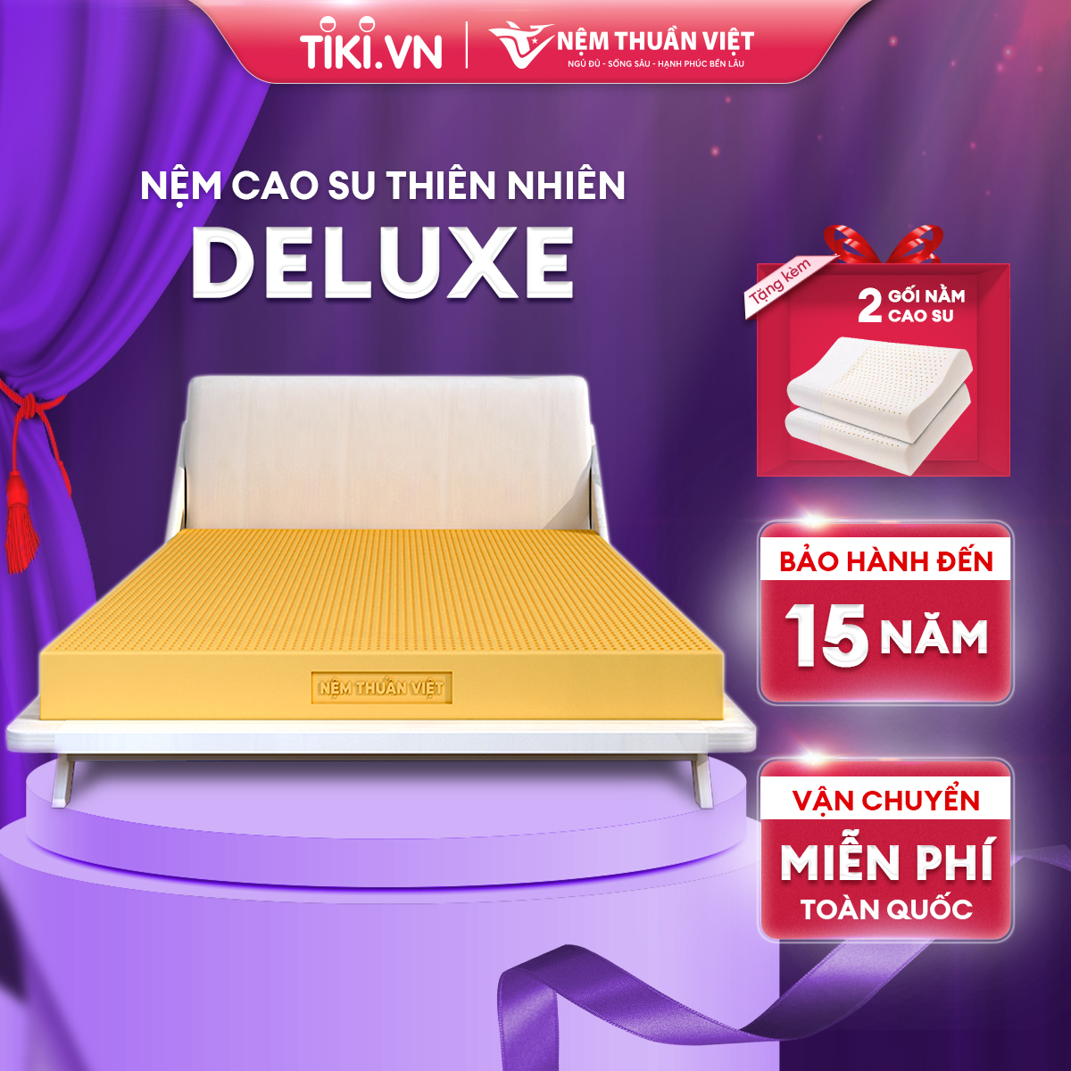 Nệm Cao Su Thuần Việt Deluxe 100% Cao Su Thiên Nhiên, Bền Bỉ, Thoáng Mát, Êm Ái -