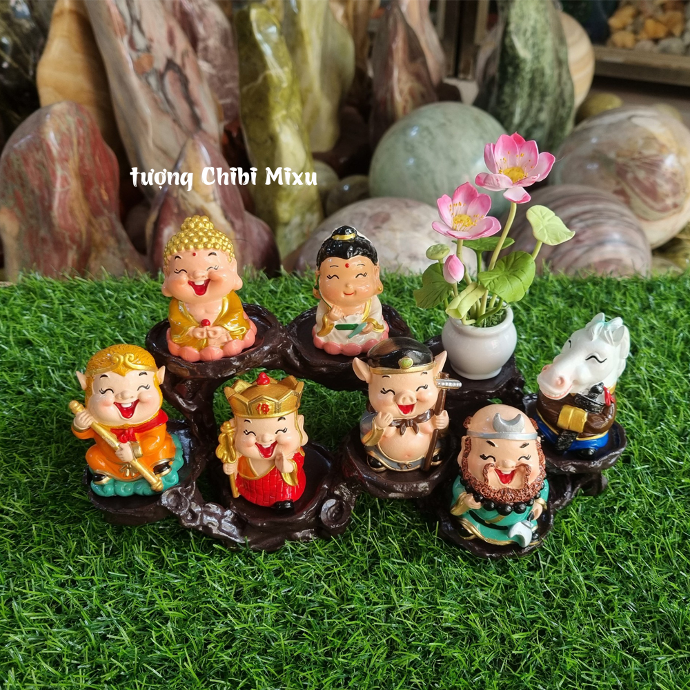 Bộ 07 tượng Tây Du Ký kèm chậu hoa sen và chân đế 08 ô y hình