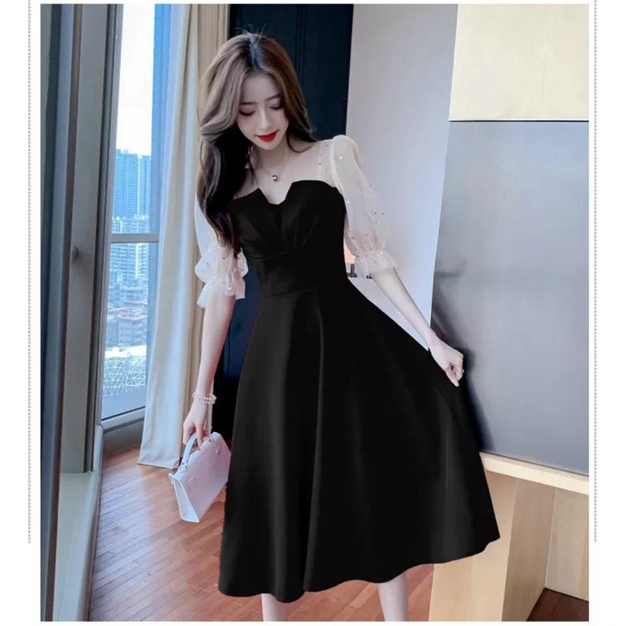 Đầm xoè tiểu thư xếp ly ngực phối tay lưới kim sa