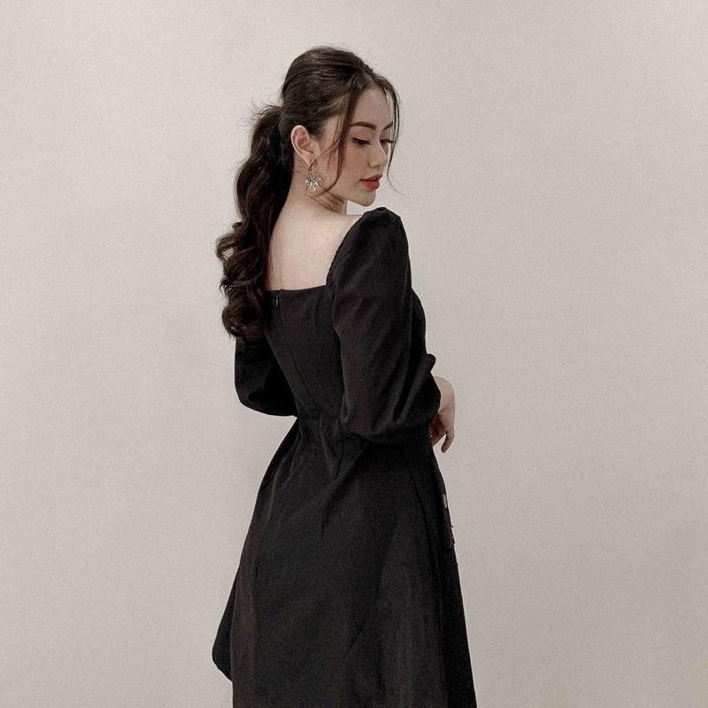 Đầm váy cổ vuông nút dừa tay lỡ 2 màu