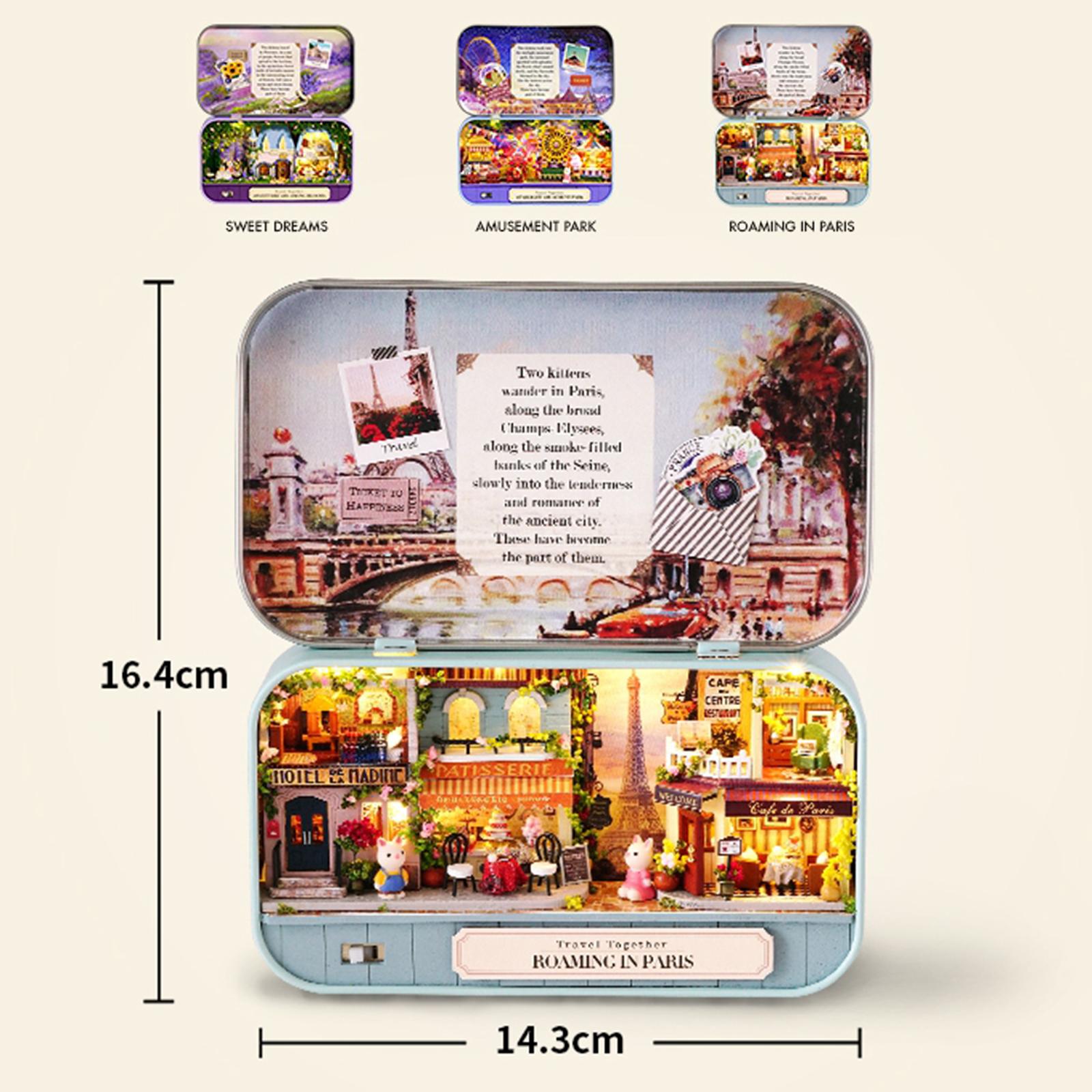 DIY Dollhouse Kit Mini Wooden Miniature Dollhouse 3D Retro Tin Assembled Box LED Lights for Birthday Children's day Valentine's Day