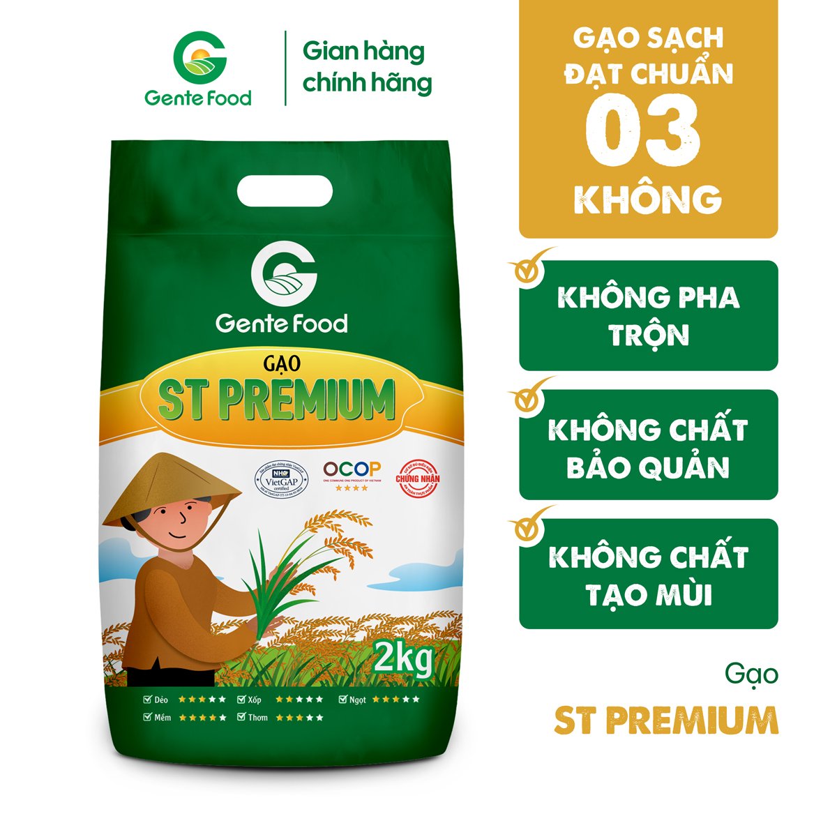 Gạo ST25 Premium Gente Food 2kg - Cơm Thơm, Dai, Mềm Dẻo, Vị Ngọt