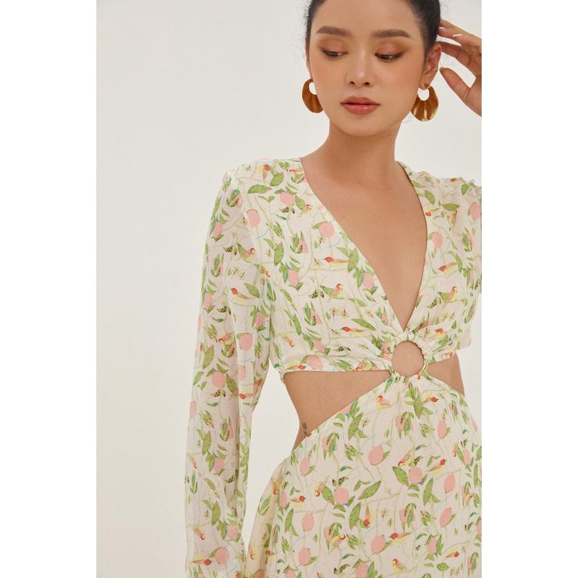 Nene Clothing - Đầm hoa dài tay hở lưng