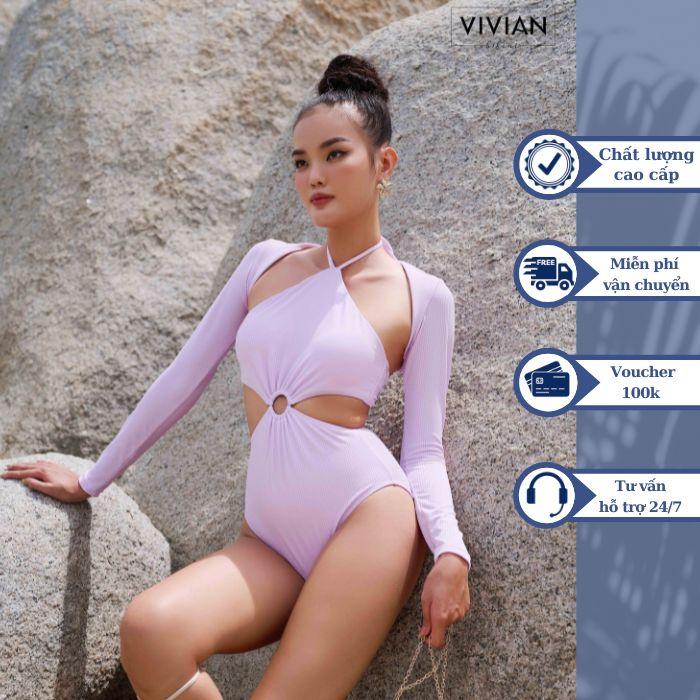 Đồ bơi nữ cao cấp dạng một mảnh yếm phối áo tay dài cover - màu Tím - VS187_PP