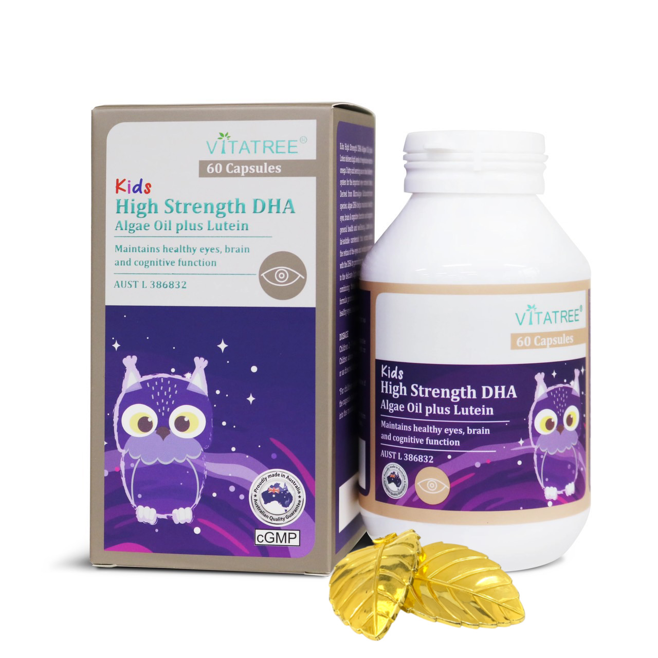 Viên Uống Vitatree Kids Strength DHA Algae Oil plus Lutein, hộp 60 viên, bổ não và mắt cho trẻ, nhập khẩu Úc