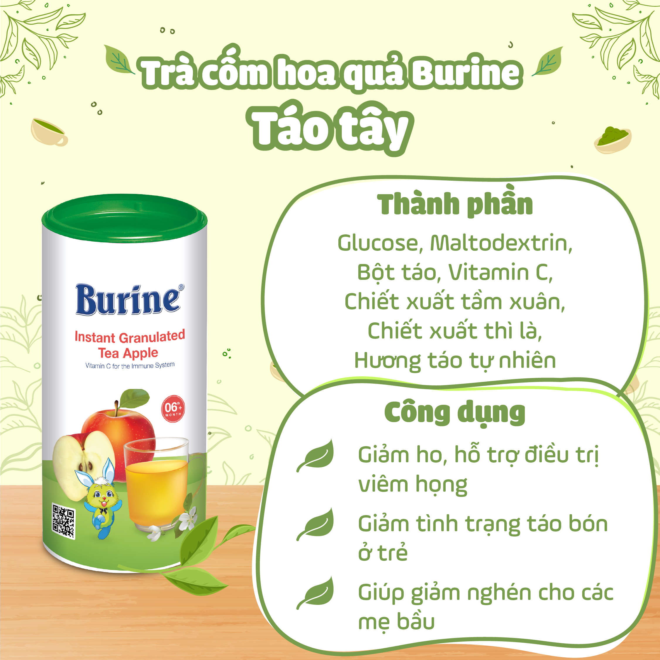 Trà cốm hoa quả Burine (HiPP) dinh dưỡng dành cho bé - Vị Táo Tây giúp hỗ trợ giảm viêm họng, táo bón (Không dành cho trẻ dưới 6 tháng tuổi)