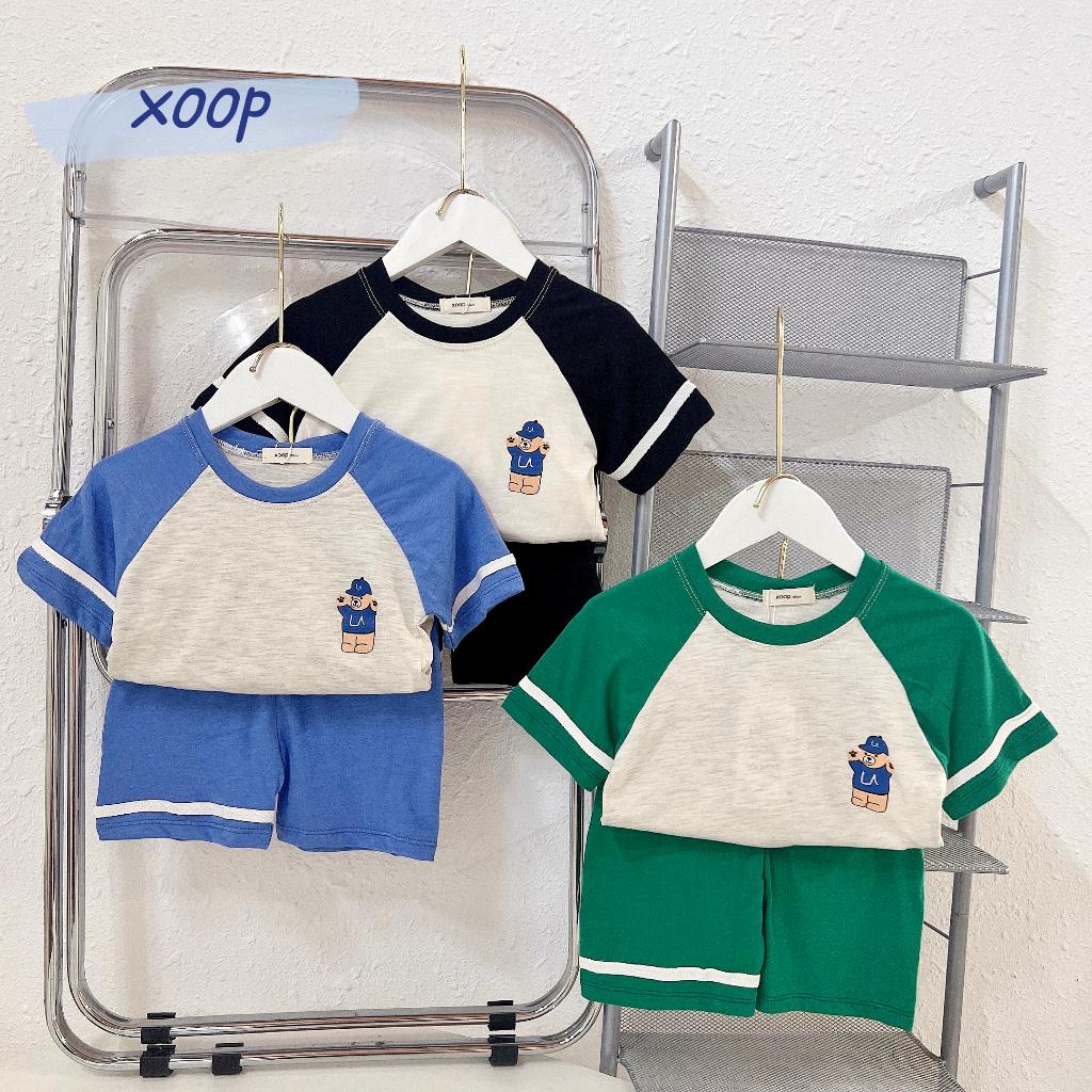 Bộ cộc phối tay XOOP cotton vân gỗ in gấu cho bé trai bé gái (11-21kg) BC70,Đồ bộ thời trang quần áo trẻ em mặc nhà
