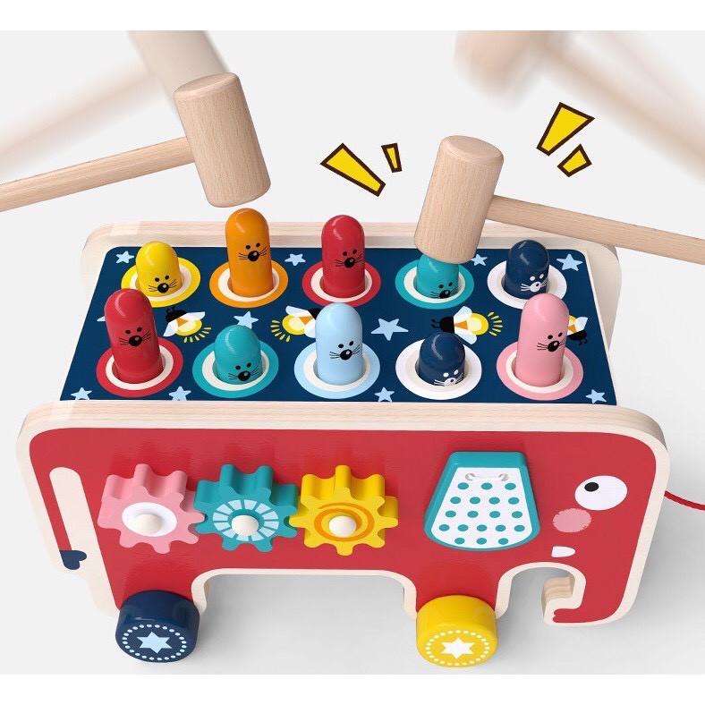 Đồ chơi gỗ đập chuột hình voi kèm đàn và bánh răng xoay 360 độ cho bé