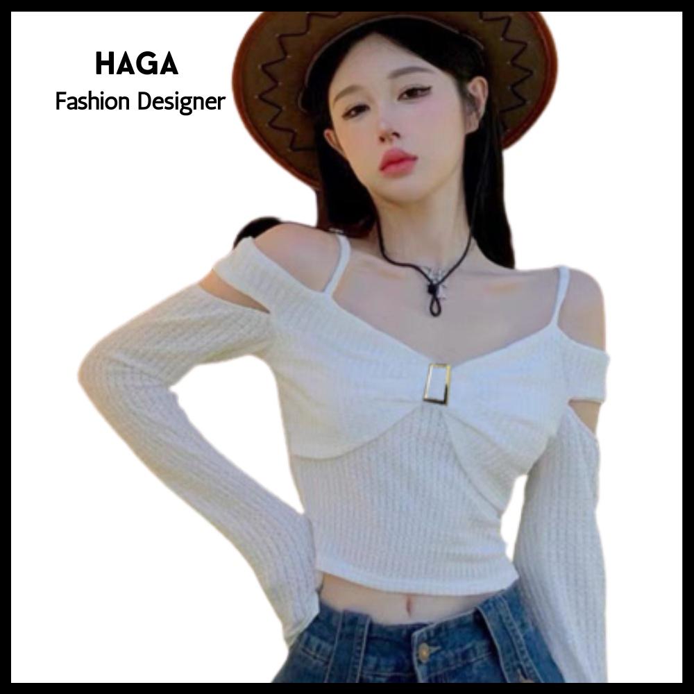 Áo croptop tay dài HAGA áo trễ vai nơ ngực sang trọng ATVN70