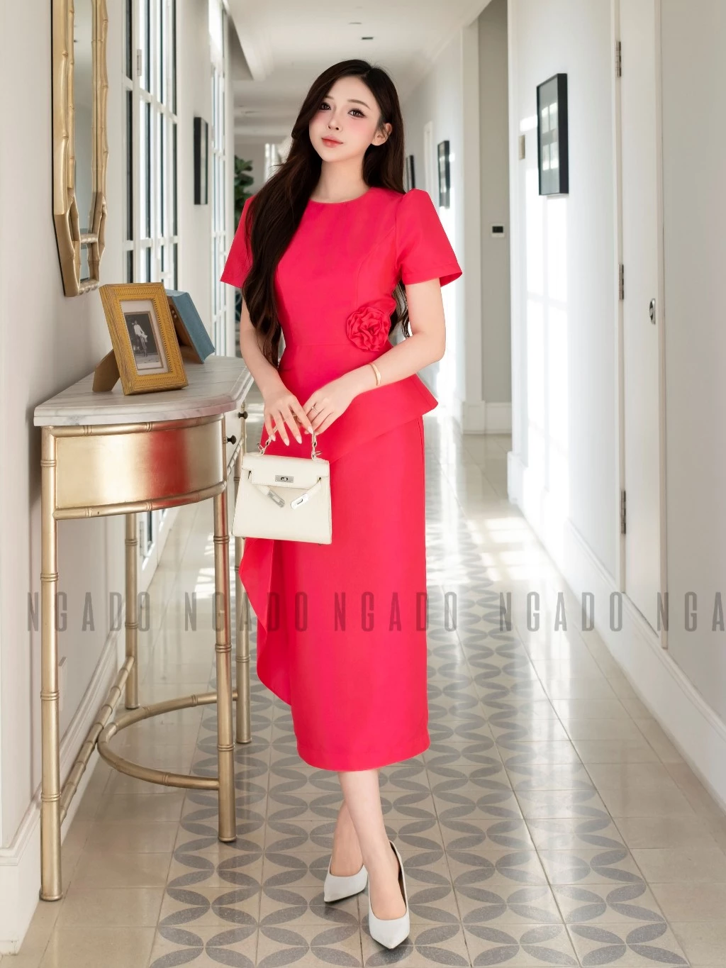 Đầm hồng sen tay loe NGADO , đầm bút chì , đầm dự tiệc , đầm công sở