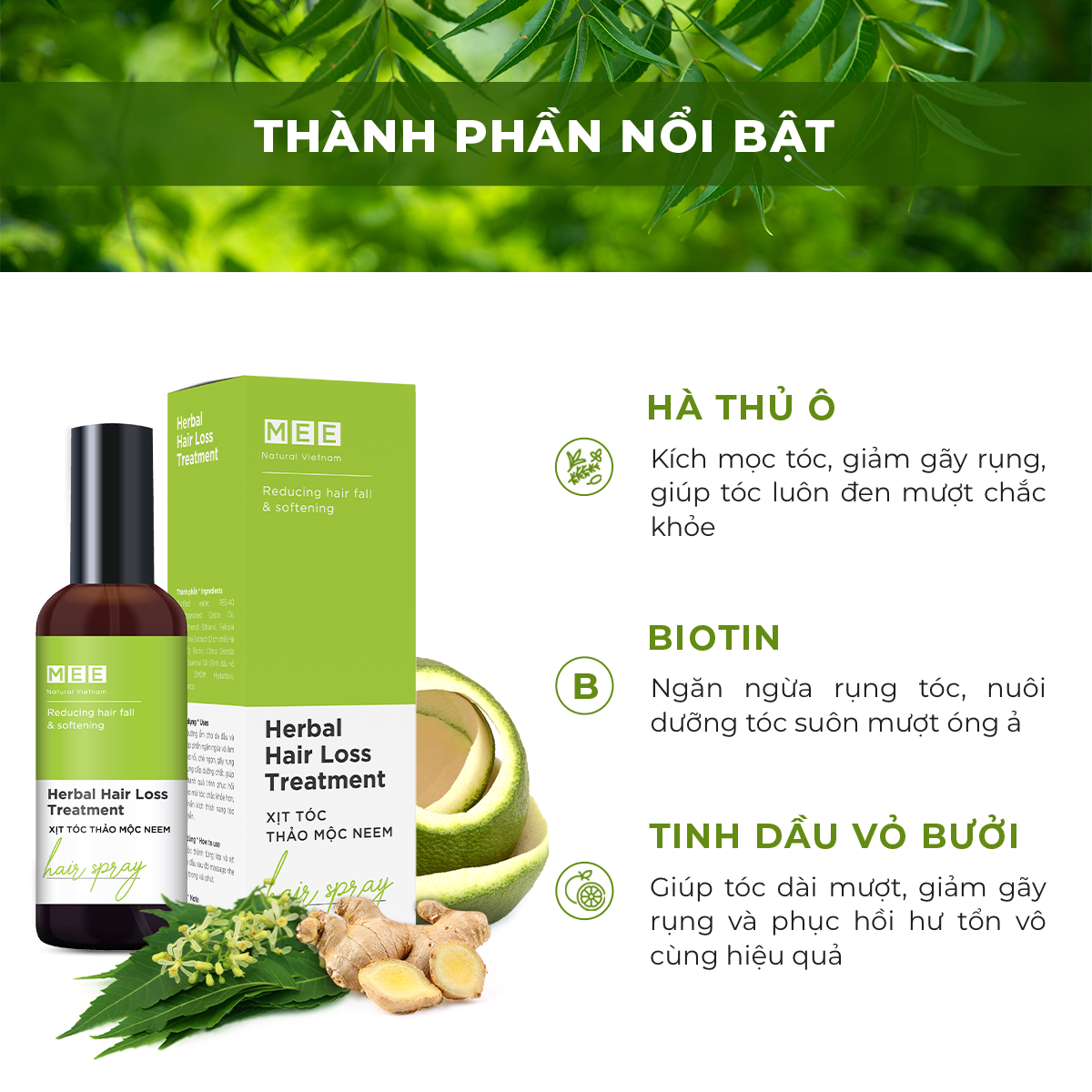 Xịt mọc tóc thảo mộc MEE NATURAL - Ngăn rụng tóc, kích thích mọc tóc Herbal Hair Loss Treatment 50ml