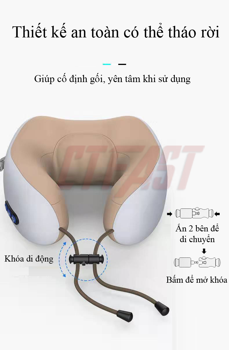 Gối massage cổ chữ U cao cấp CTFAST 01 - Mô phỏng mát xa 3D , xoa bóp, rung, kết hợp massage nhiệt hỗ trợ giảm đau cổ vai gáy, làm gối ngủ văn phòng - Hàng chính hãng