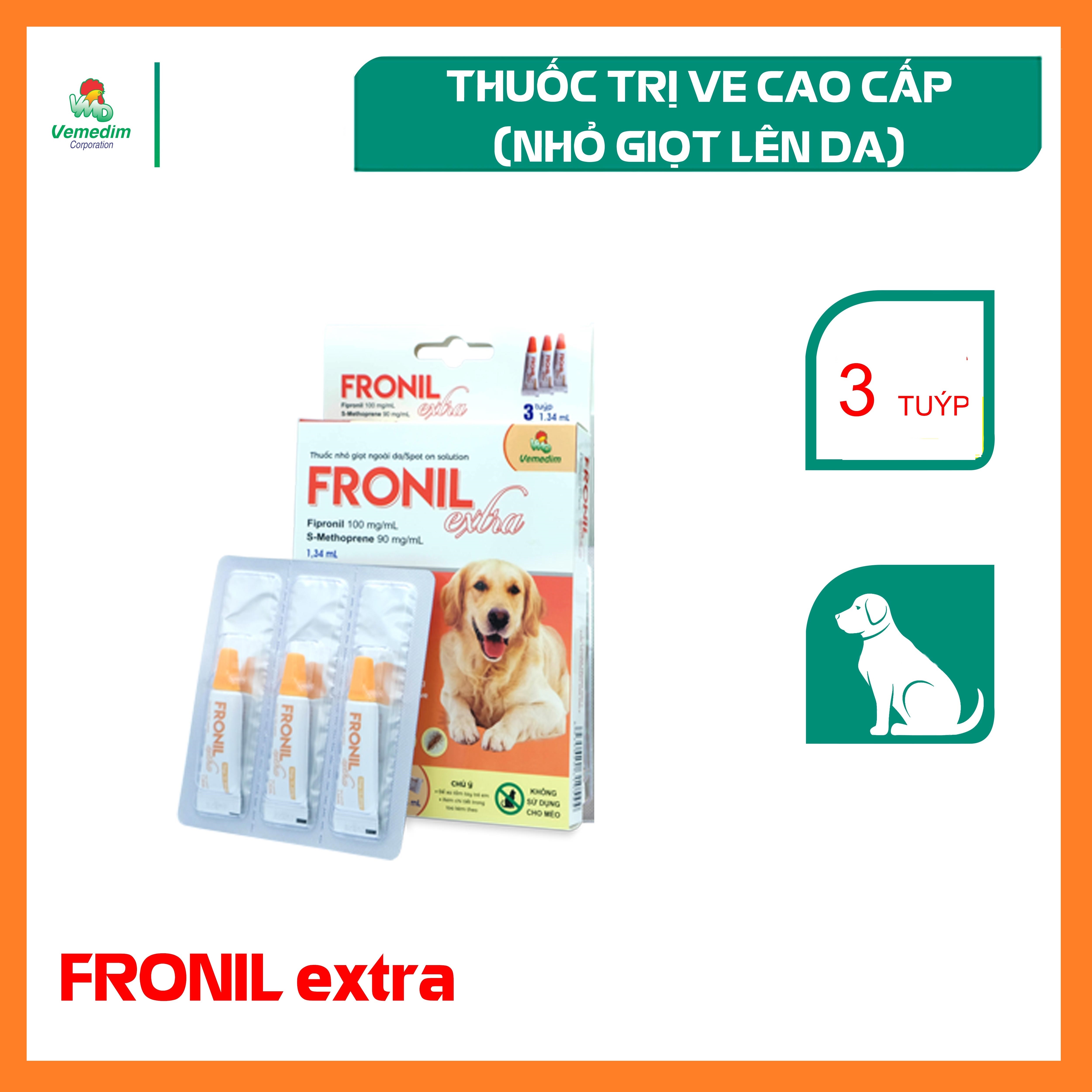 Thuốc nhỏ giọt trị ve, rận, bọ chét cho chó từ 10kg-20kg Fronil Extra cam (Hộp), sản phẩm Vemedim