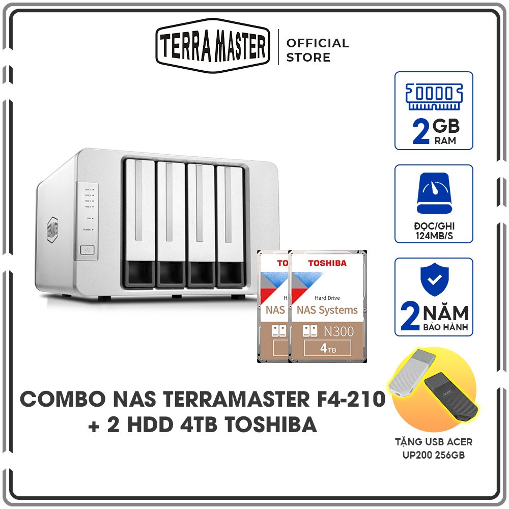 Combo Ổ cứng mạng NAS Terra Master F4-210 + 2 Ổ cứng iHDD Toshiba N300 4TB - Hàng chính hãng