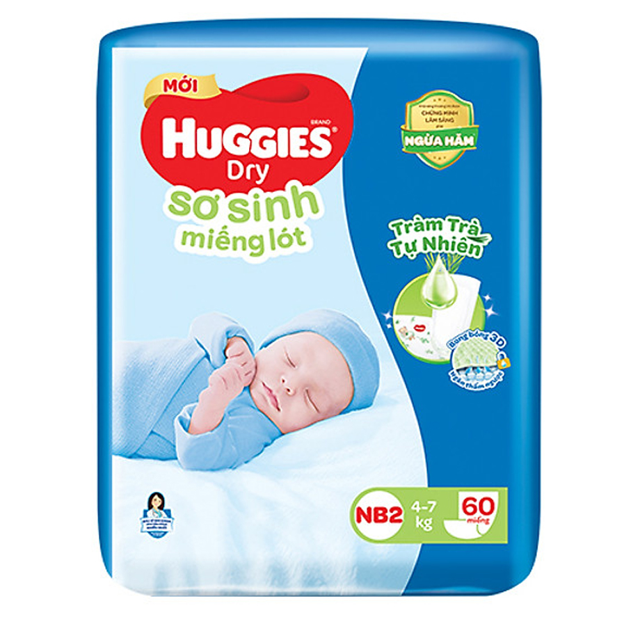 Miếng lót sơ sinh NB2 HUGGIES DRY 60 miếng